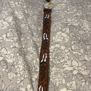 Tooled Brown Leather Belt with Feather Inlay (never worn) NWOT
